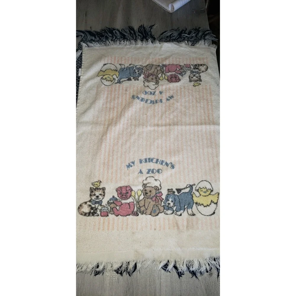 Vintage My Kitchens A Zoo Animal Hand Towel Striped Terry Cloth Fringe Kitsch